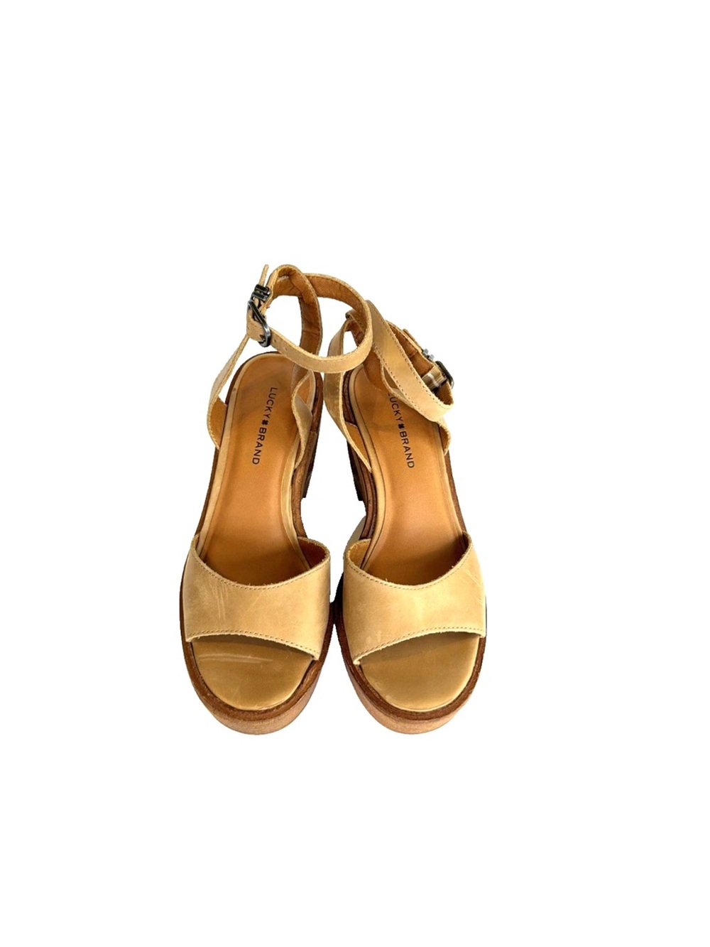 Lucky Brand Wyndin Tan Leather Wedges Sandals Women Size 6 M